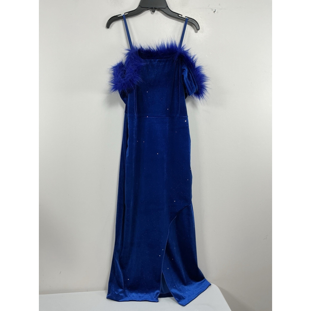 Girls Shein Faux Velvet Maxi Dress Medium Blue Fur Rhinestone Off The Shoulder